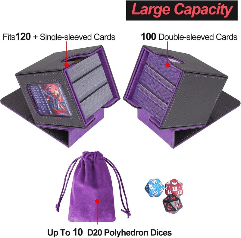 AFIING MTG Deck Box for Commander Display,Card Deck Box Fits 100 Double Sleeved Cards, Magic Commander TCG Card Storage Box with 2 Dividers,Drawstring Bag and 1 Toploader(Black/Purple) - Image 3